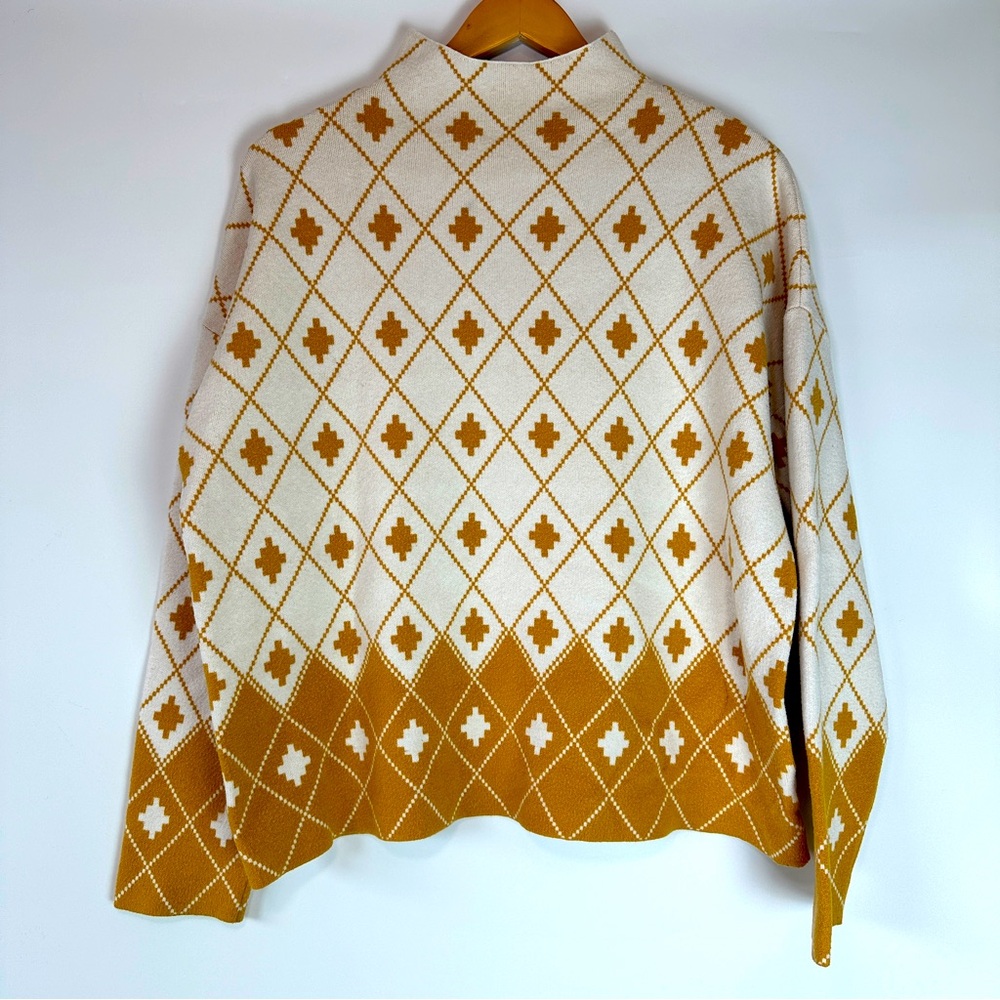 Rachel Zoe Womens Mock Neck Golden Yellow‎ and Ivory White Geometric Sz XL